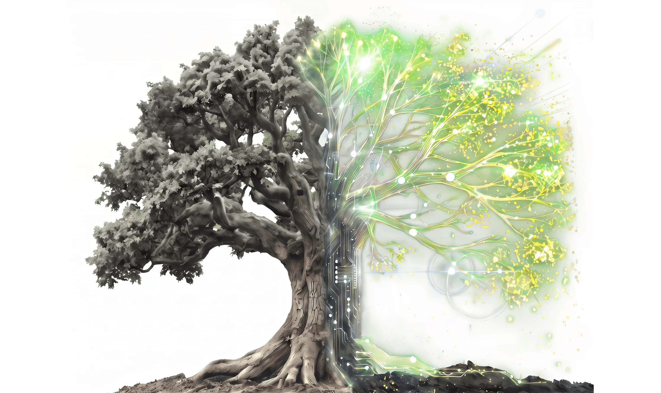 A mature tree transitioning into an illuminated digital network